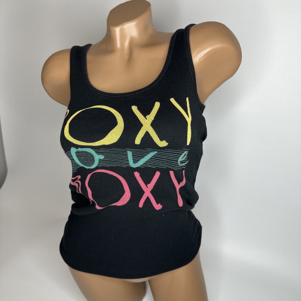 Vintage Roxy Love Y2K Logo Tank Top Black Neon Skater Surf Beach Stretch Small - Picture 10 of 10